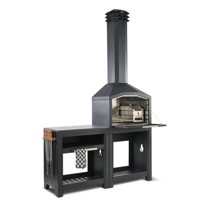Braaimaster FS Single Black complete opstelling met braai en zijtafel.