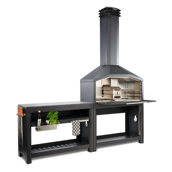 Braaimaster FS Duo Black complete opstelling met dubbele kookzone en accessoires.